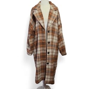 Umgee Womens Plaid Camel Shacket in Brown and Cream